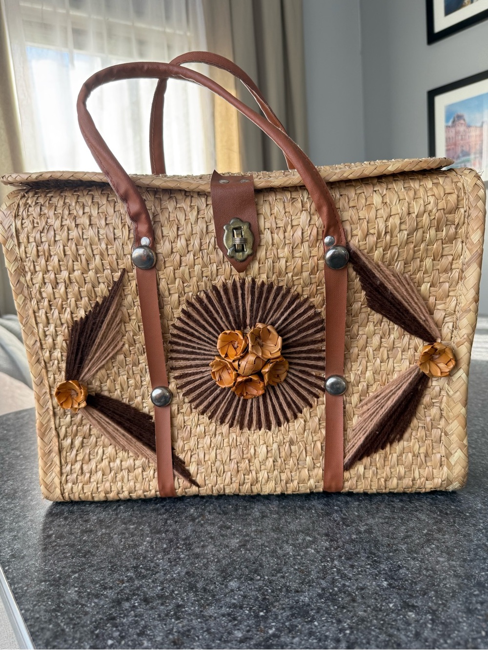 Handwoven Straw Tote, 3D floral raffia motif with leather trim.